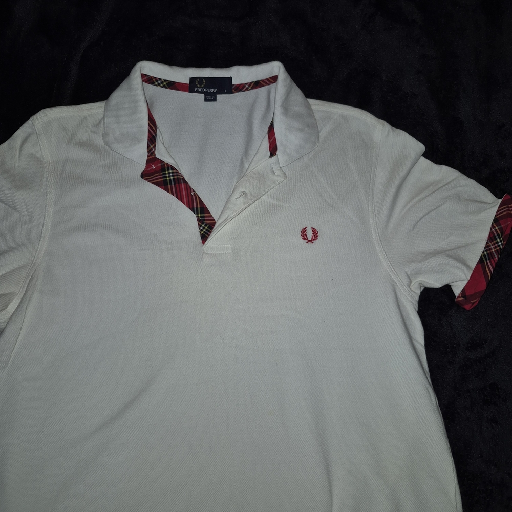 Fred Perry White Polo with Red Plaid Trim